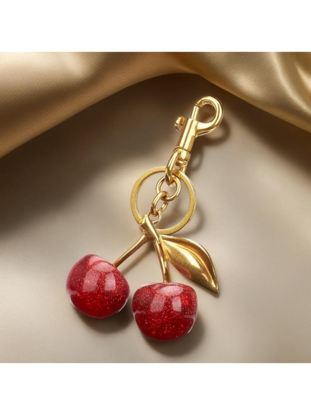 Red Cherry Keychain Charm with Glitter Cherries and Gold Leaf Bag Accessory - Picture 5 of 6
